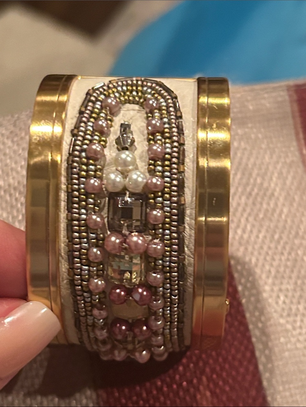 Brighton Christo New Delhi- Mandela Wide Cuff Gold Bracelet w/Elegant Beading - Picture 6 of 7